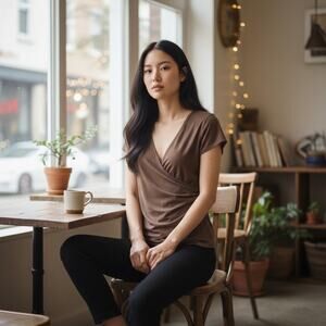 Coldwater Creek Top Short sleeve faux wrap Brown NWT Size small